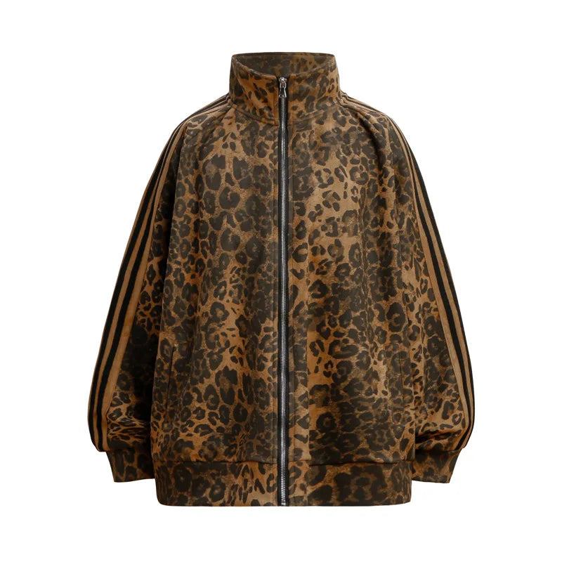Unisex Leopard Print Suede Jacket – Vintage Stand Collar Zip-Up Coat, Harajuku Hip Hop Streetwear Outerwear
