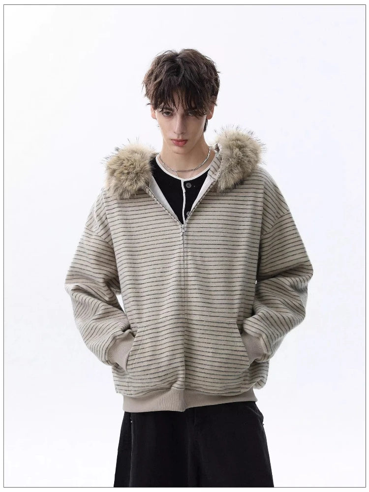 Women’s Y2K Faux Fur Collar Hooded Jacket – Retro Harajuku Streetwear Loose Casual Coat