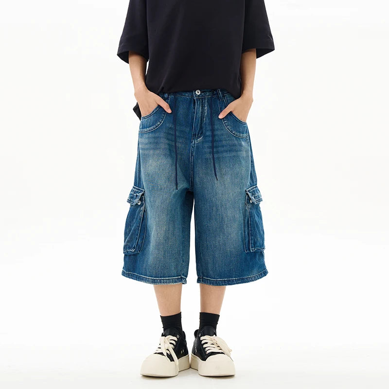 Men’s Washed Denim Cropped Pants – Loose Wide-Leg Multi-Pocket Streetwear Jeans