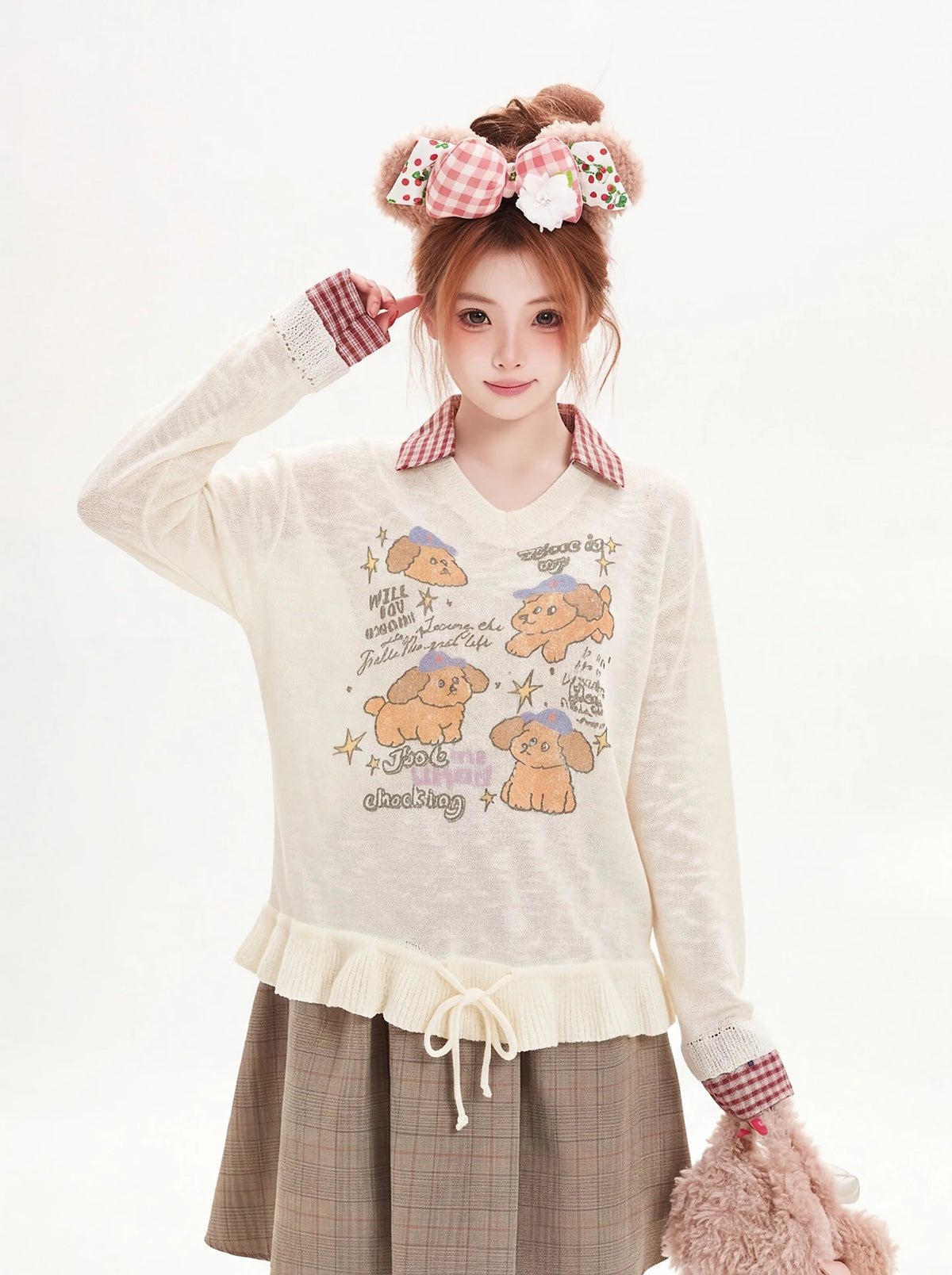 Women’s Cartoon Dog Print T-Shirt – Long Sleeve Drawstring Waist Casual Sun Protection Top