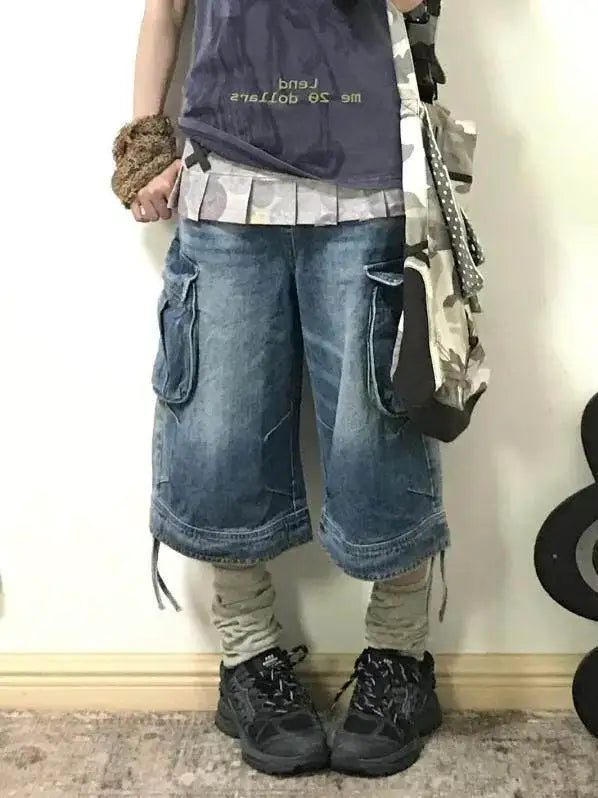 Women's American Retro Cargo Denim Jorts – Y2K Boyfriend-Fit Calf-Length Harajuku High Street Shorts