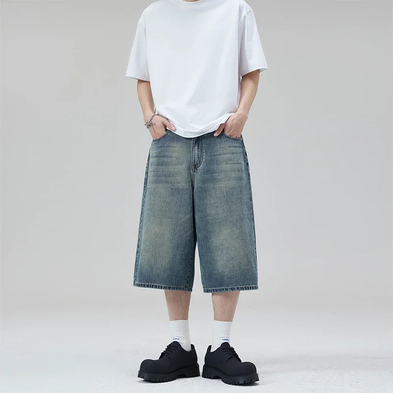 Men’s Lightning Crack Denim Shorts – Loose Wide-Leg Cropped Jeans | American Streetwear Casual Pants