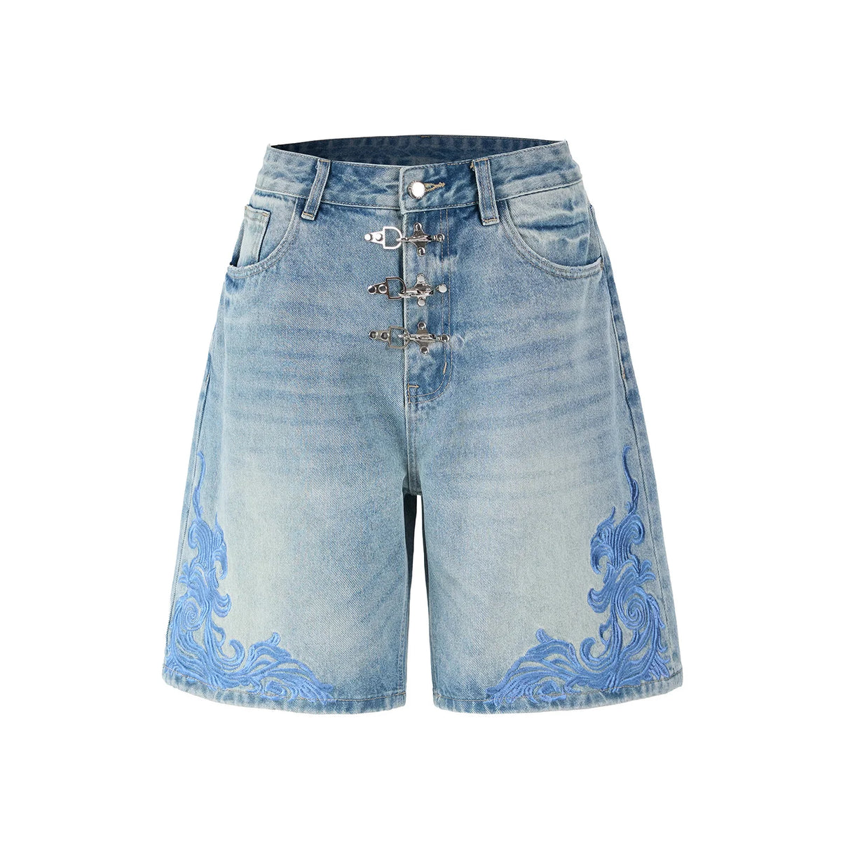 SHAN BAO Unisex Baroque Embroidered Jorts – Loose Straight-Leg Denim Shorts | Retro Streetwear