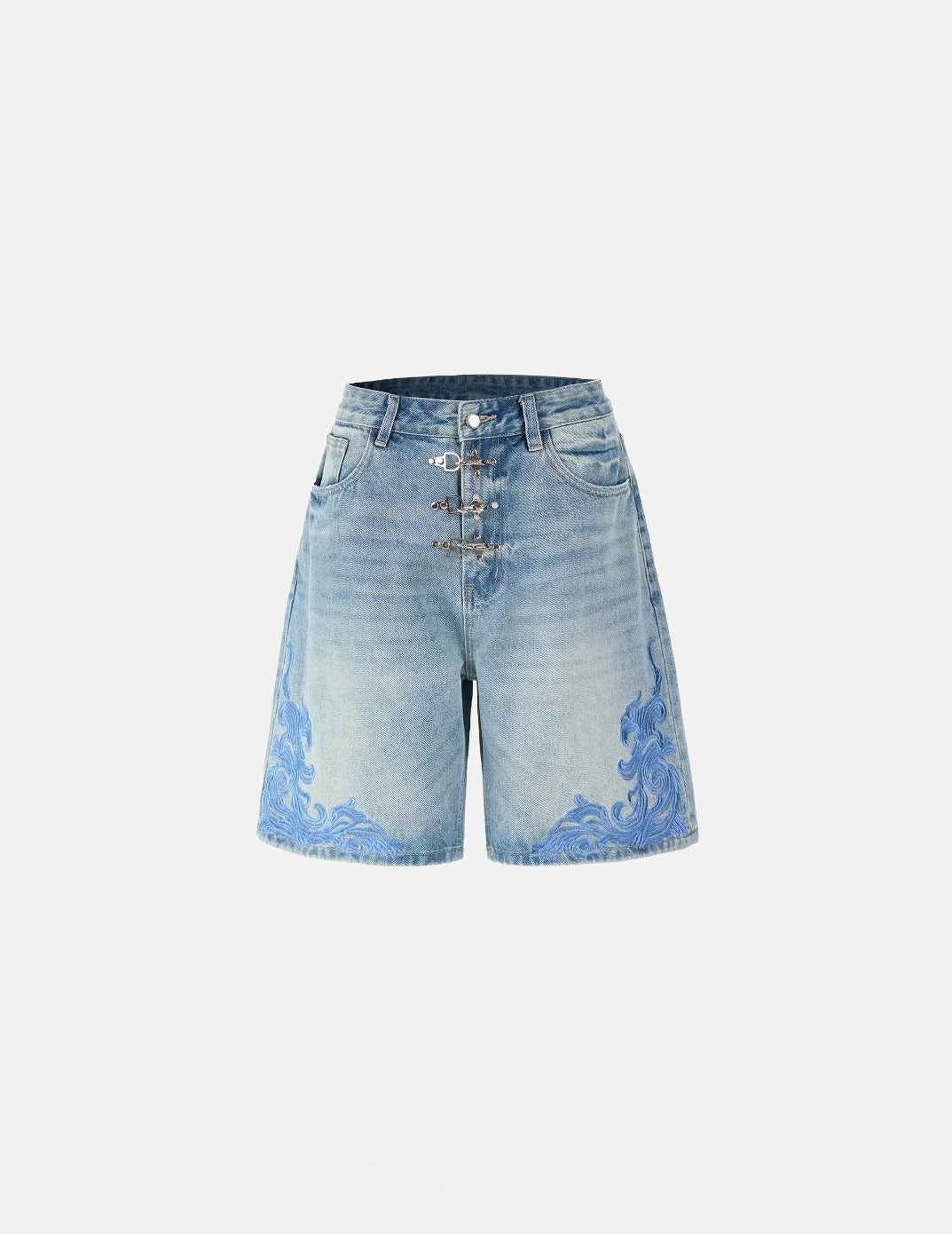 SHAN BAO Unisex Baroque Embroidered Jorts – Loose Straight-Leg Denim Shorts | Retro Streetwear