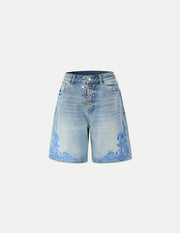 SHAN BAO Unisex Baroque Embroidered Jorts – Loose Straight-Leg Denim Shorts | Retro Streetwear