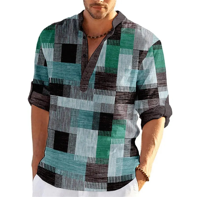 Men’s Vintage Henley Shirt – 3D Print Color Block Patchwork Top | Stand Collar Long Sleeve Casual Wear