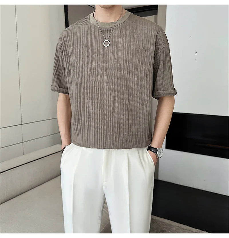 Men's Ice Silk Pleated T-Shirt – Casual Summer Crewneck Tee