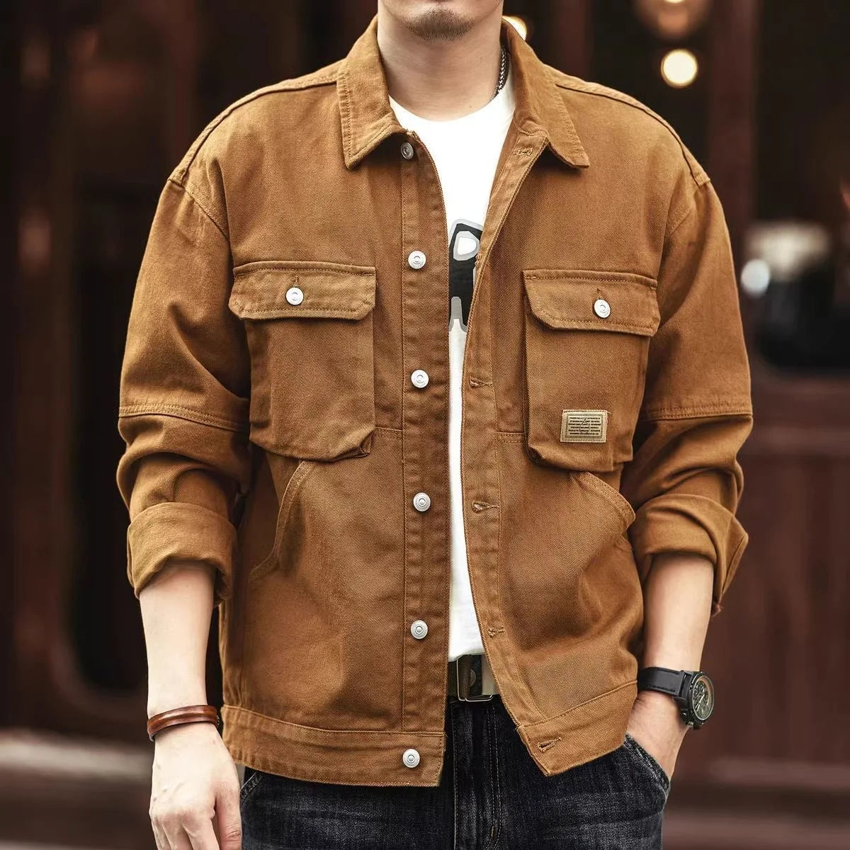 Men's Casual Loose Fit Denim Jacket – Multi-Pocket Workwear Streetwear Top