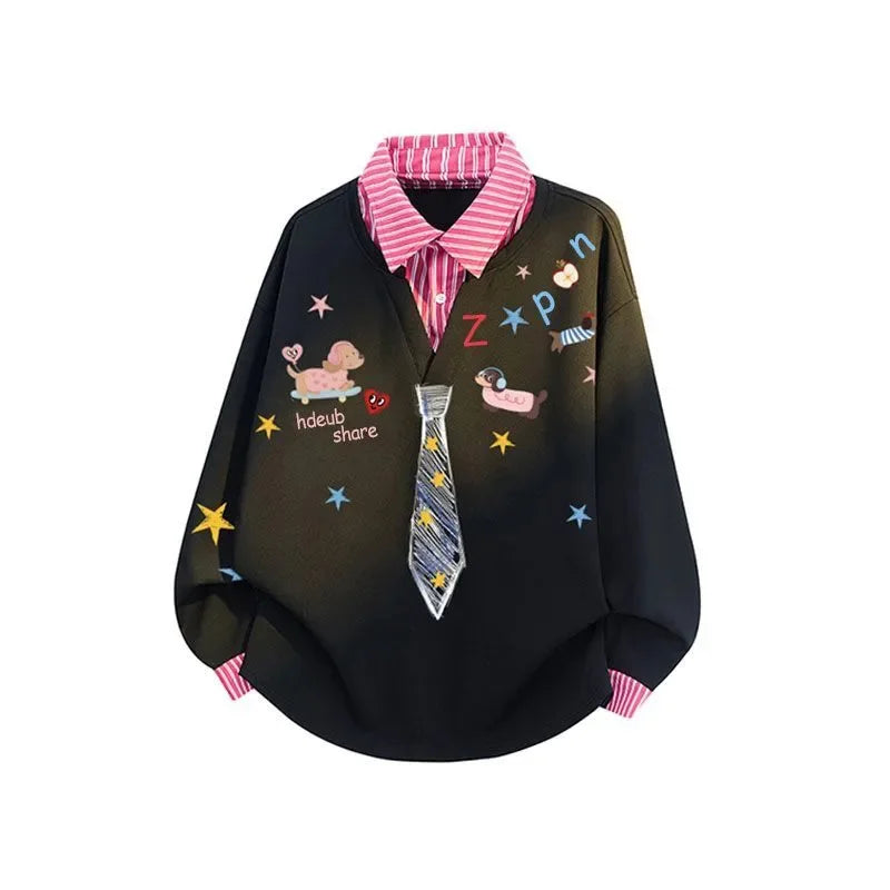 Women’s Kawaii Cartoon Print Sweatshirt – Loose-Fit Vintage Preppy Pullover, Cute Long Sleeve Patchwork Top