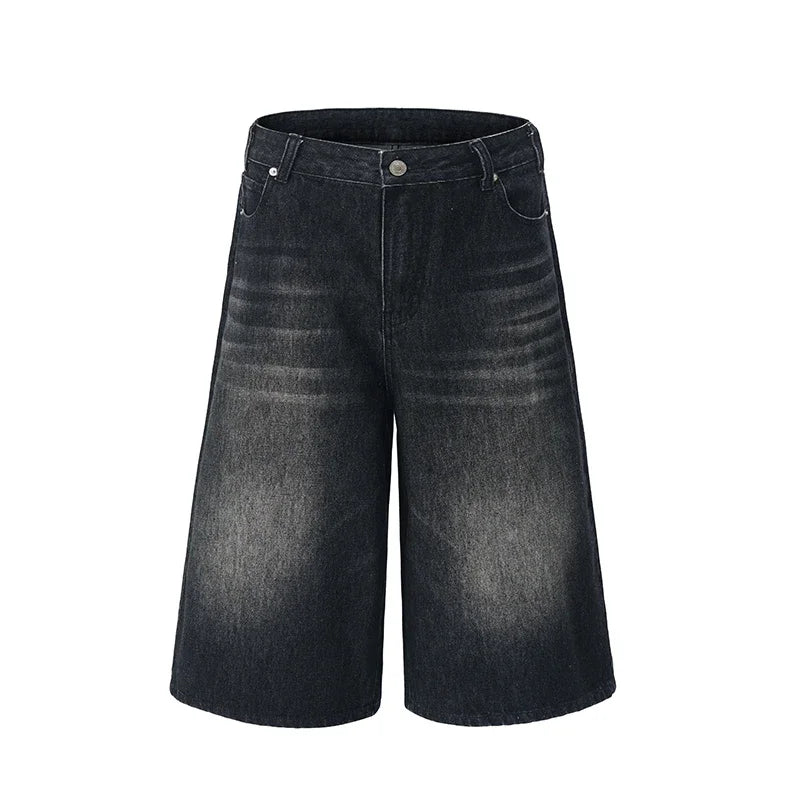 Men’s Lightning Crack Denim Shorts – Loose Wide-Leg Cropped Jeans | American Streetwear Casual Pants