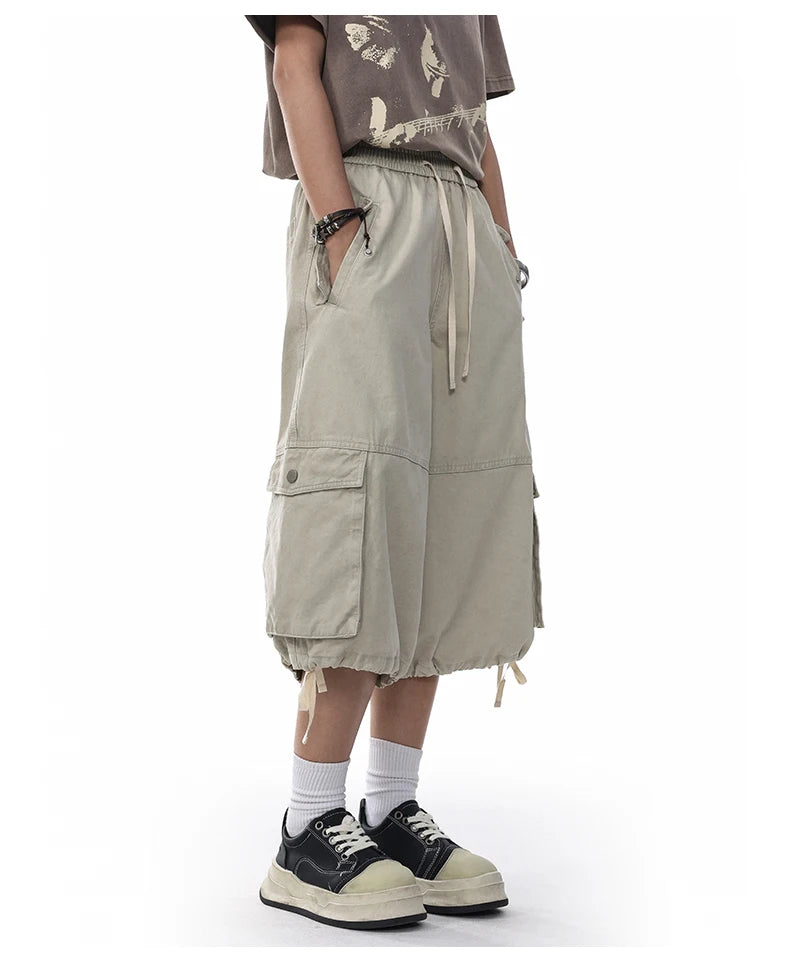 Unisex Wide-Leg Cargo Pants – Washed Cotton Baggy Calf-Length Streetwear Trousers