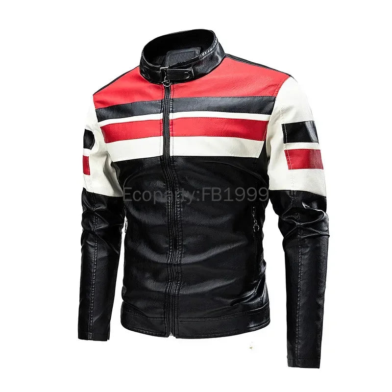 Men's PU Leather Motorcycle Jacket – Slim Fit Stand Collar Biker Coat
