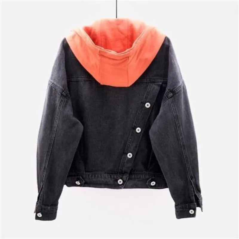 Women’s Hooded Denim Jacket – Retro Loose-Fit Short Coat for Spring & Autumn