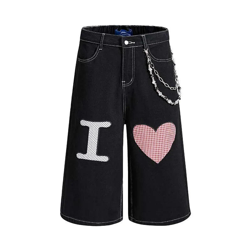Men’s Y2K Denim Shorts – Loose-Fit Heart Embroidery Jorts with Chain Detail | Baggy Summer Streetwear