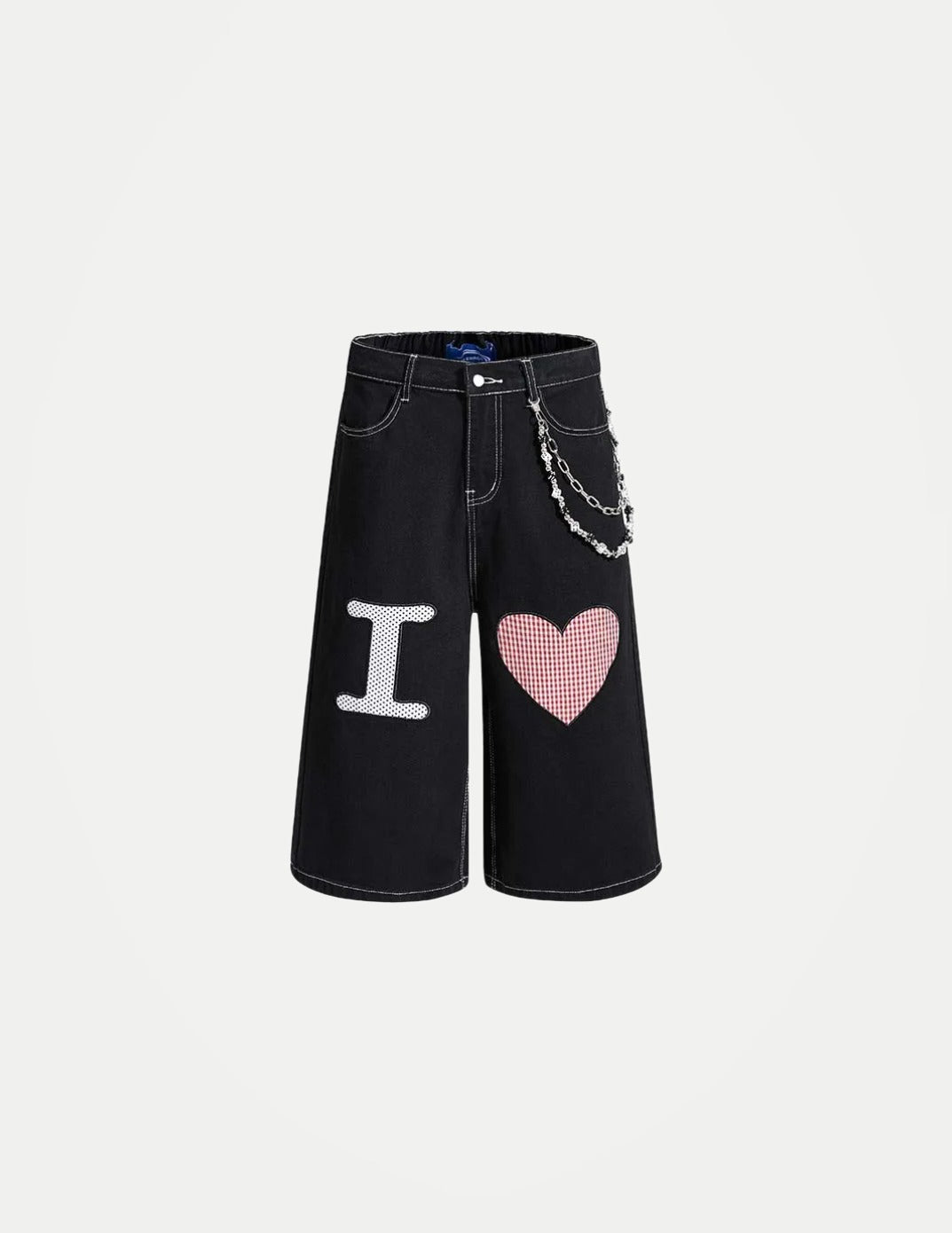 Men’s Y2K Denim Shorts – Loose-Fit Heart Embroidery Jorts with Chain Detail | Baggy Summer Streetwear
