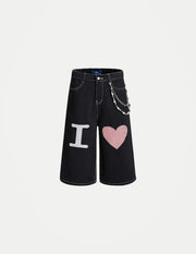 Men’s Y2K Denim Shorts – Loose-Fit Heart Embroidery Jorts with Chain Detail | Baggy Summer Streetwear