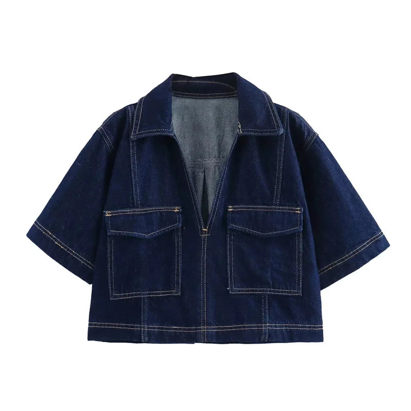 Women’s Blue Denim Cropped Shirt – Y2K Short Sleeve Top