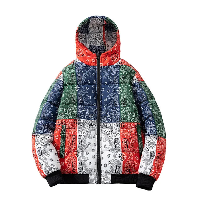 Men’s Winter Padded Jacket – Bandana Print Hooded Cotton Coat, Thick Warm Varsity Streetwear