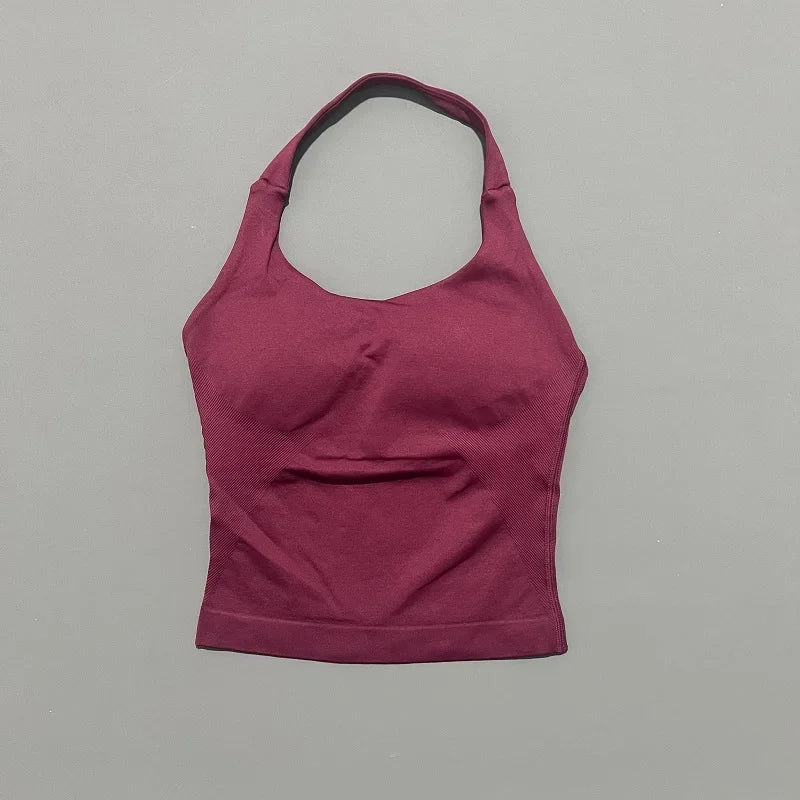 Women's Seamless Halterneck Longline Sports Tank Top – Ruched Gym Activewear