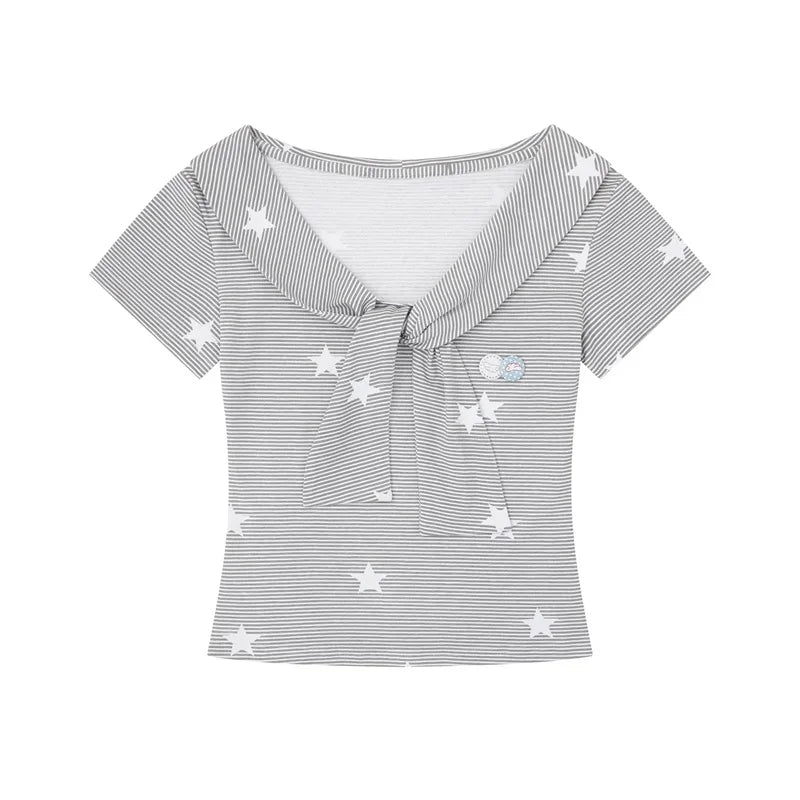 Women’s Vintage Star Print T-Shirt – Slim Fit Striped Y2K Top | Harajuku Grunge Summer Streetwear