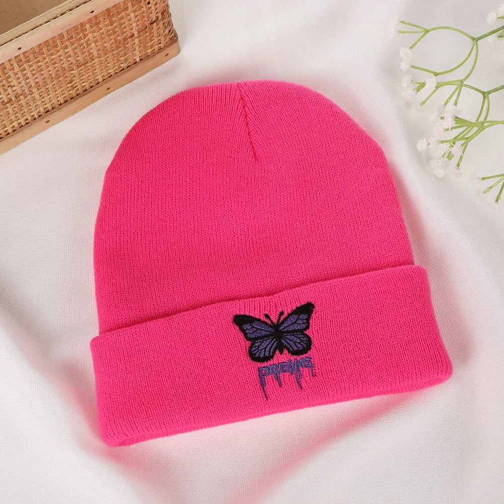 Women’s Cartoon Butterfly Knitted Beanie – Cute Crochet Winter Hat, Warm Autumn Outdoor Cap