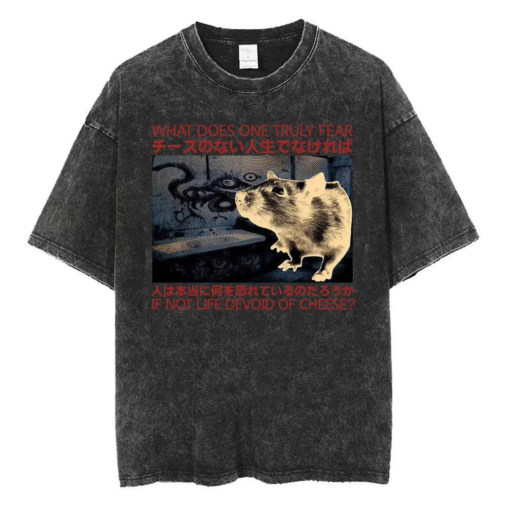Unisex Funny Cat Graphic T-Shirt – Vintage Japanese-Style Washed Tee | Oversized Casual Streetwear