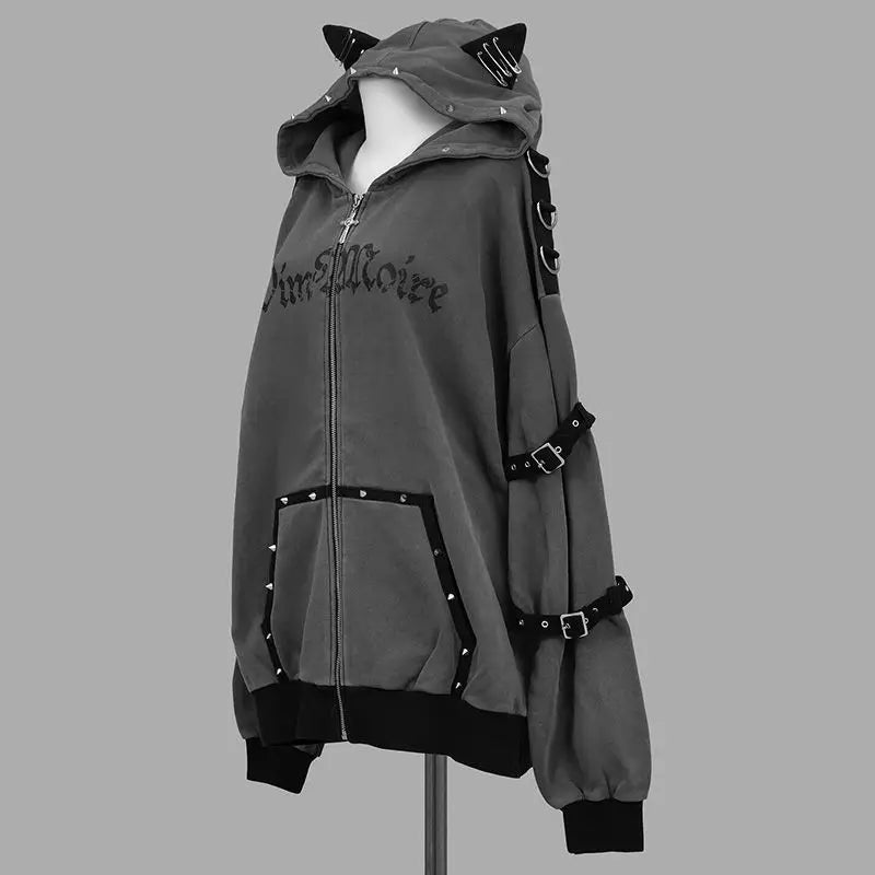 Y2k Harajuku Hoodies Punk Zipper Coat Japanese Rivet Print Fashion Casual