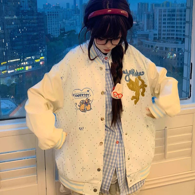 Embroidered Wings White Baseball Jacket Women Loose Lazy Casual Sweet Coat Long Sleeve Fall Winter Polka Dot Korean Outwear
