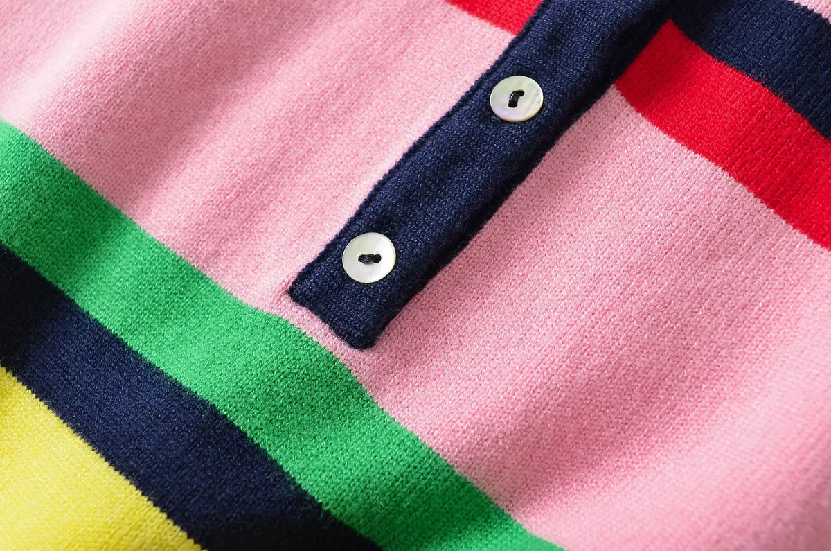 Women’s Striped Knitted Polo Shirt – Colorful Short Sleeve Summer Pullover Top