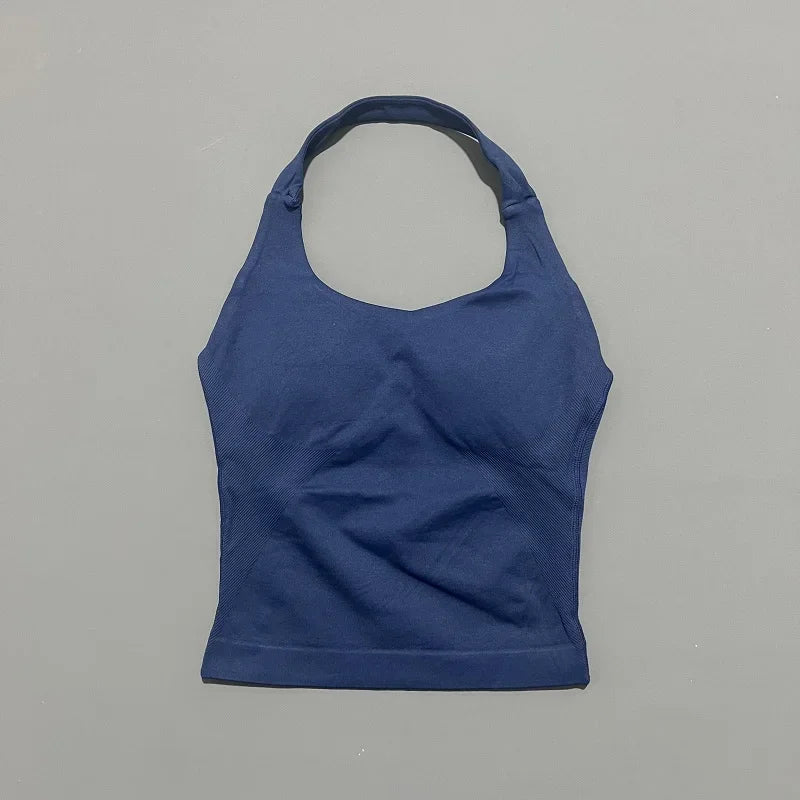 Women's Seamless Halterneck Longline Sports Tank Top – Ruched Gym Activewear