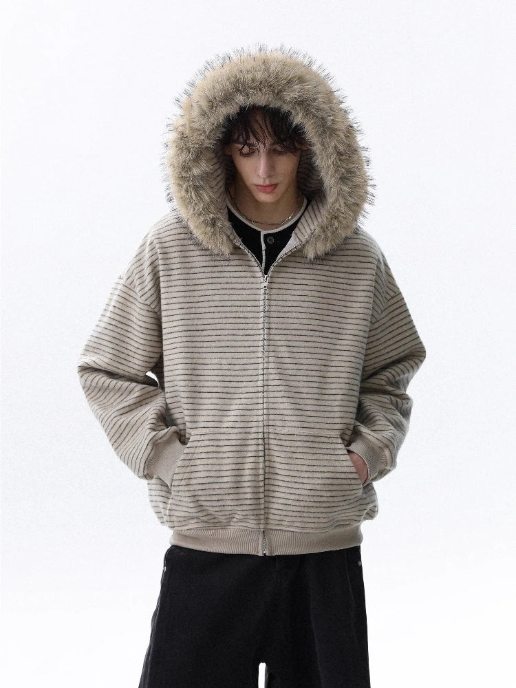 Women’s Y2K Faux Fur Collar Hooded Jacket – Retro Harajuku Streetwear Loose Casual Coat