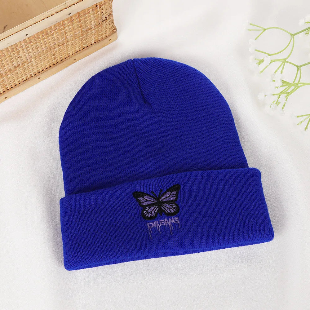 Women’s Cartoon Butterfly Knitted Beanie – Cute Crochet Winter Hat, Warm Autumn Outdoor Cap