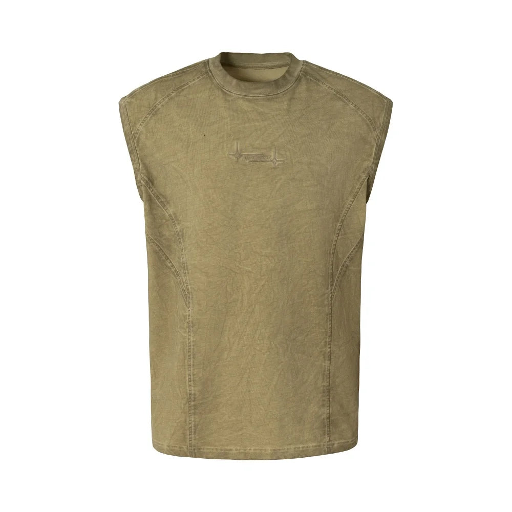 Men’s Washed Embroidered Tank Top – Distressed Sleeveless Crew Neck | Relaxed Summer Casual Streetwear
