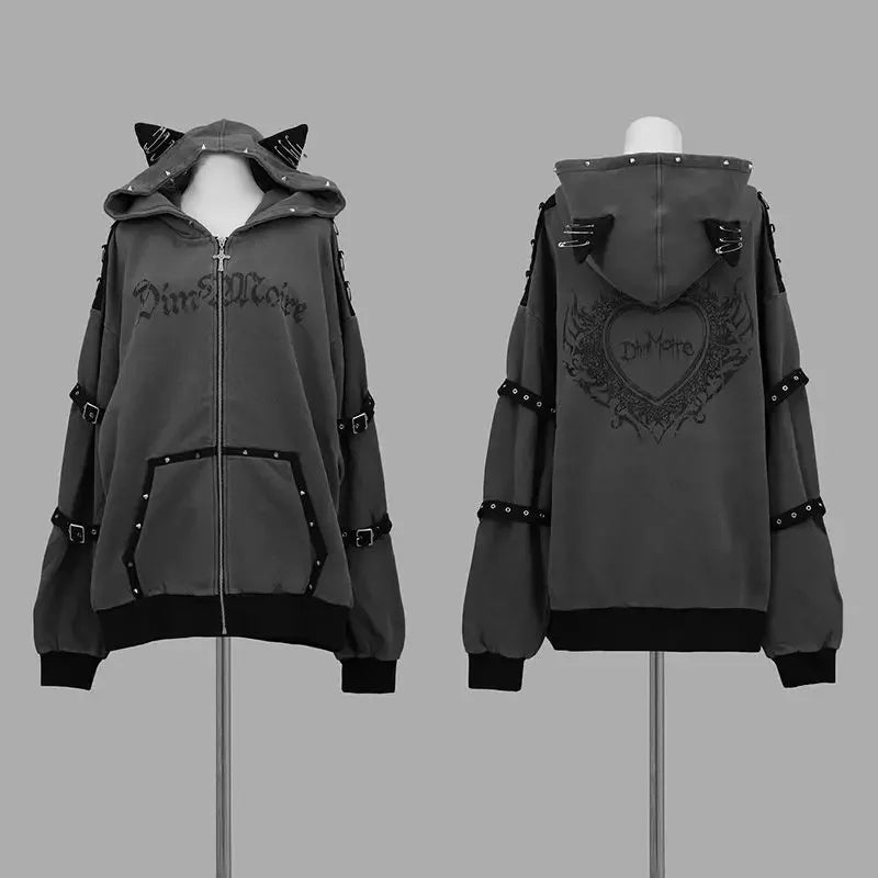 Y2k Harajuku Hoodies Punk Zipper Coat Japanese Rivet Print Fashion Casual
