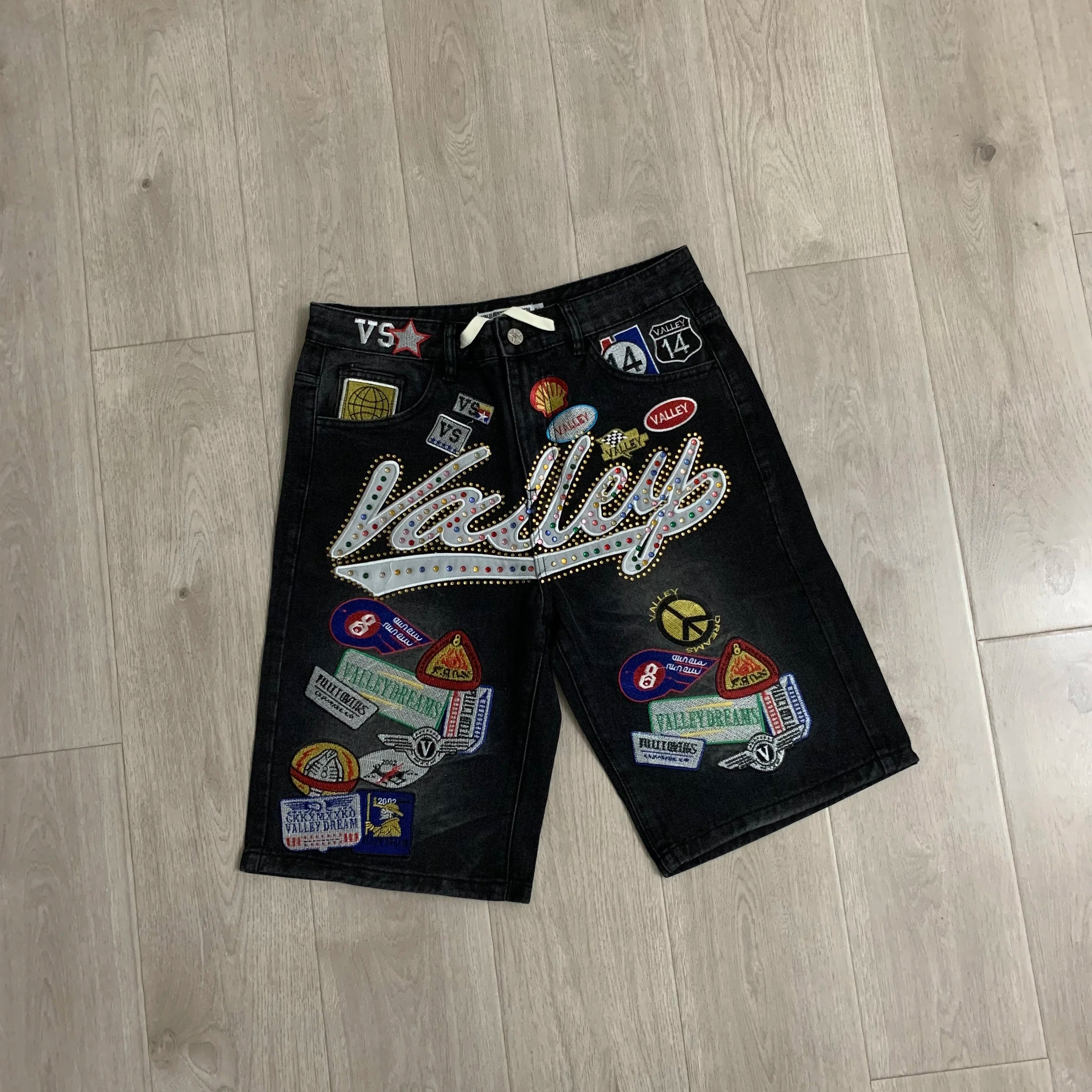 1980s Embroidered Rhinestone Denim Shorts – Unisex Mid Waist Loose Fit Summer