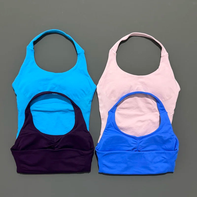 Women's Seamless Halterneck Longline Sports Tank Top – Ruched Gym Activewear