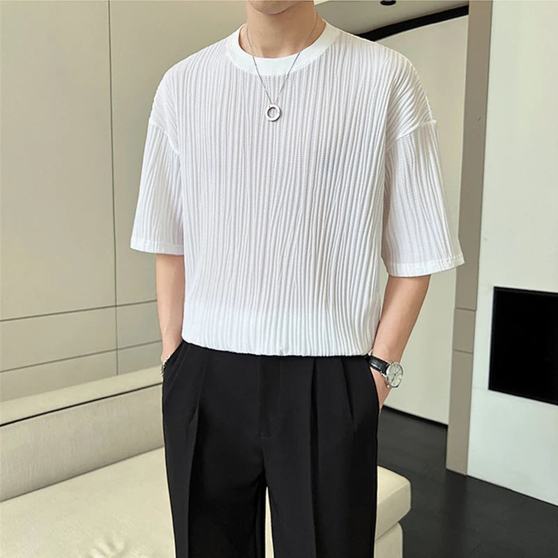 Men's Ice Silk Pleated T-Shirt – Casual Summer Crewneck Tee
