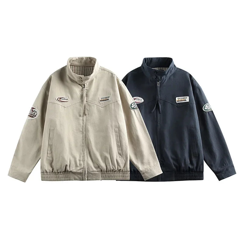 Unisex American Retro Workwear Jacket – Loose Fit Collared Casual Spring & Autumn Outerwear