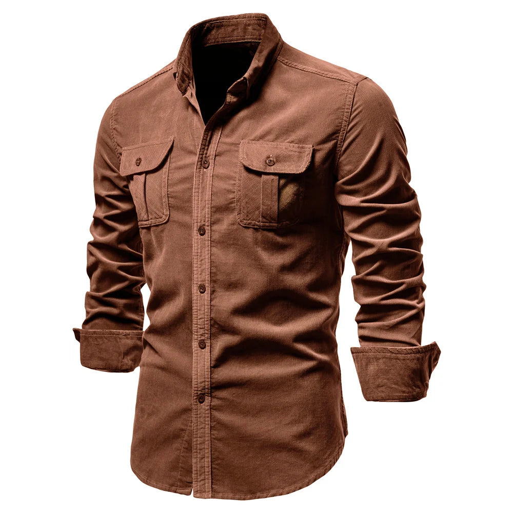 Men’s 100% Cotton Corduroy Shirt – Slim Fit Single-Breasted Casual Shirt