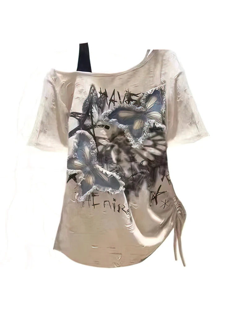 Women’s Vintage Y2K Off-Shoulder Graphic T-Shirt – Oversized 2000s Style Short Sleeve Top