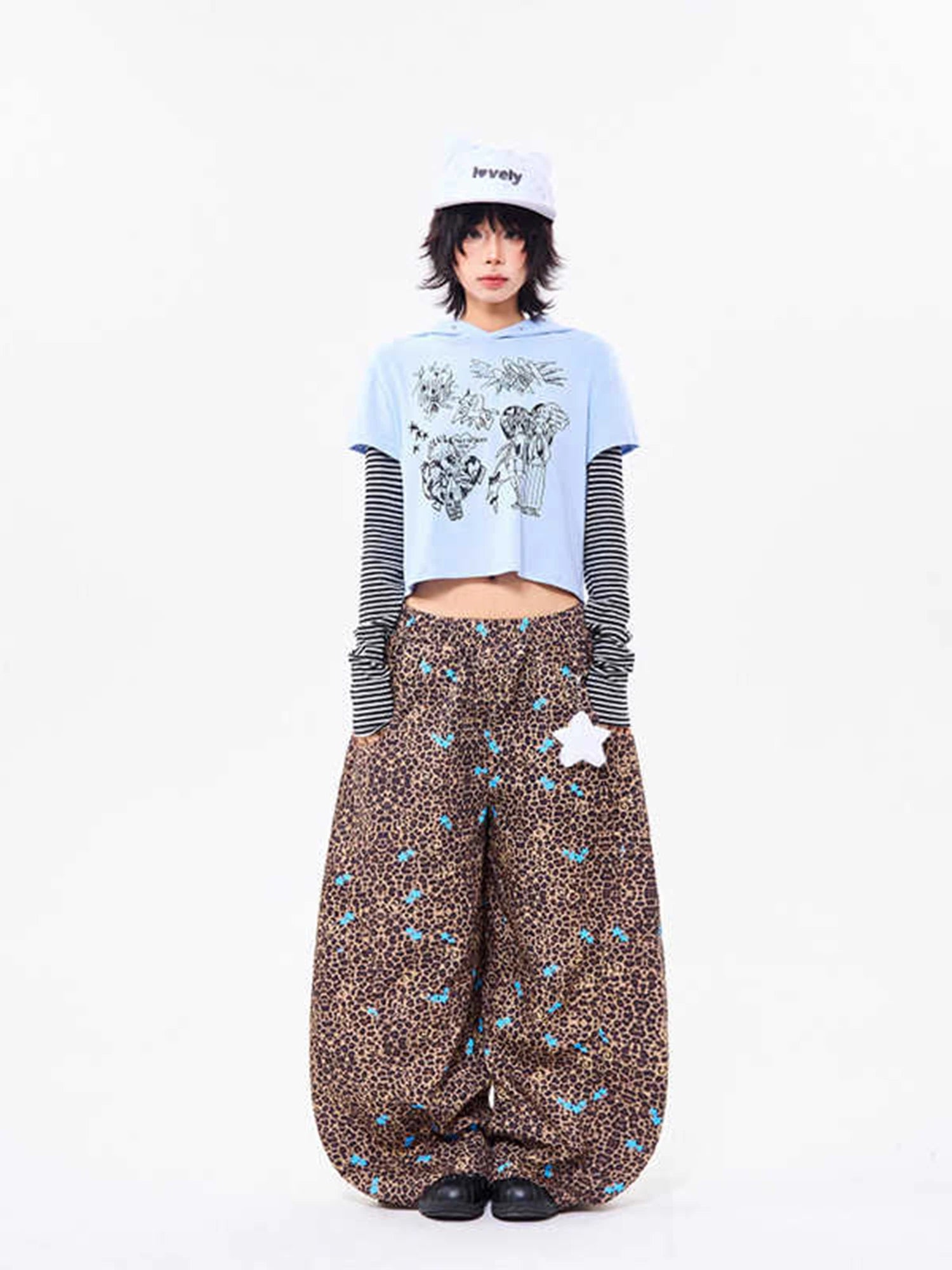 Women's Y2K Leopard Baggy Sweatpants – Harajuku Star Print Wide Leg Trousers