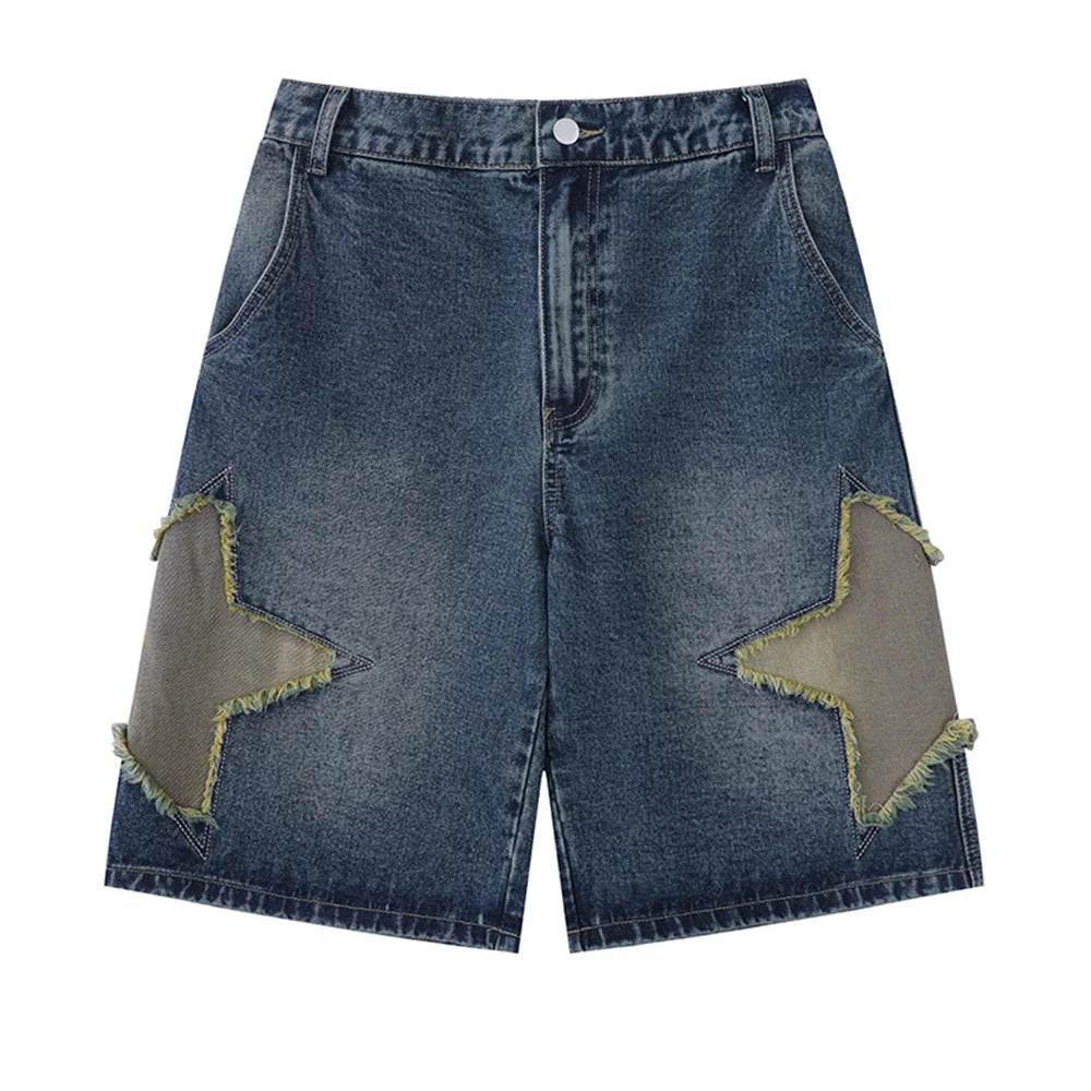 Women’s High-Waist Star Patch Denim Shorts – Loose Wide-Leg Boyfriend Jorts | Summer Casual