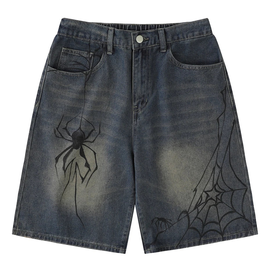 Men’s Y2K Denim Shorts – Blue Spider Cobweb Print, Loose Fit Harajuku Hip Hop Streetwear Summer Shorts
