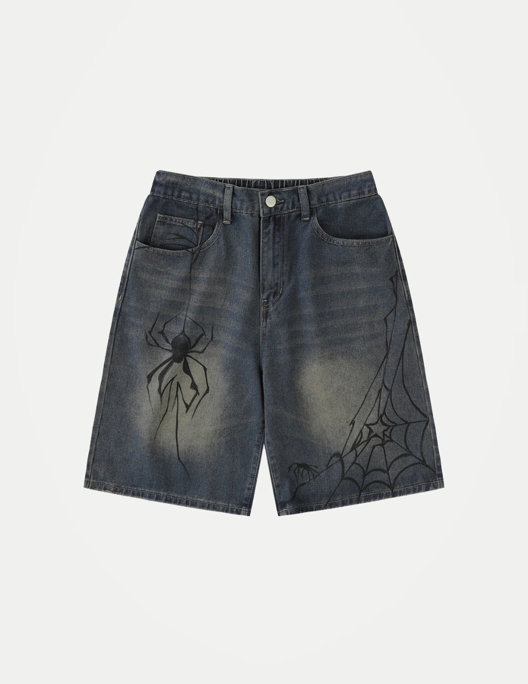 Men’s Y2K Denim Shorts – Blue Spider Cobweb Print, Loose Fit Harajuku Hip Hop Streetwear Summer Shorts