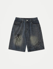 Men’s Y2K Denim Shorts – Blue Spider Cobweb Print, Loose Fit Harajuku Hip Hop Streetwear Summer Shorts