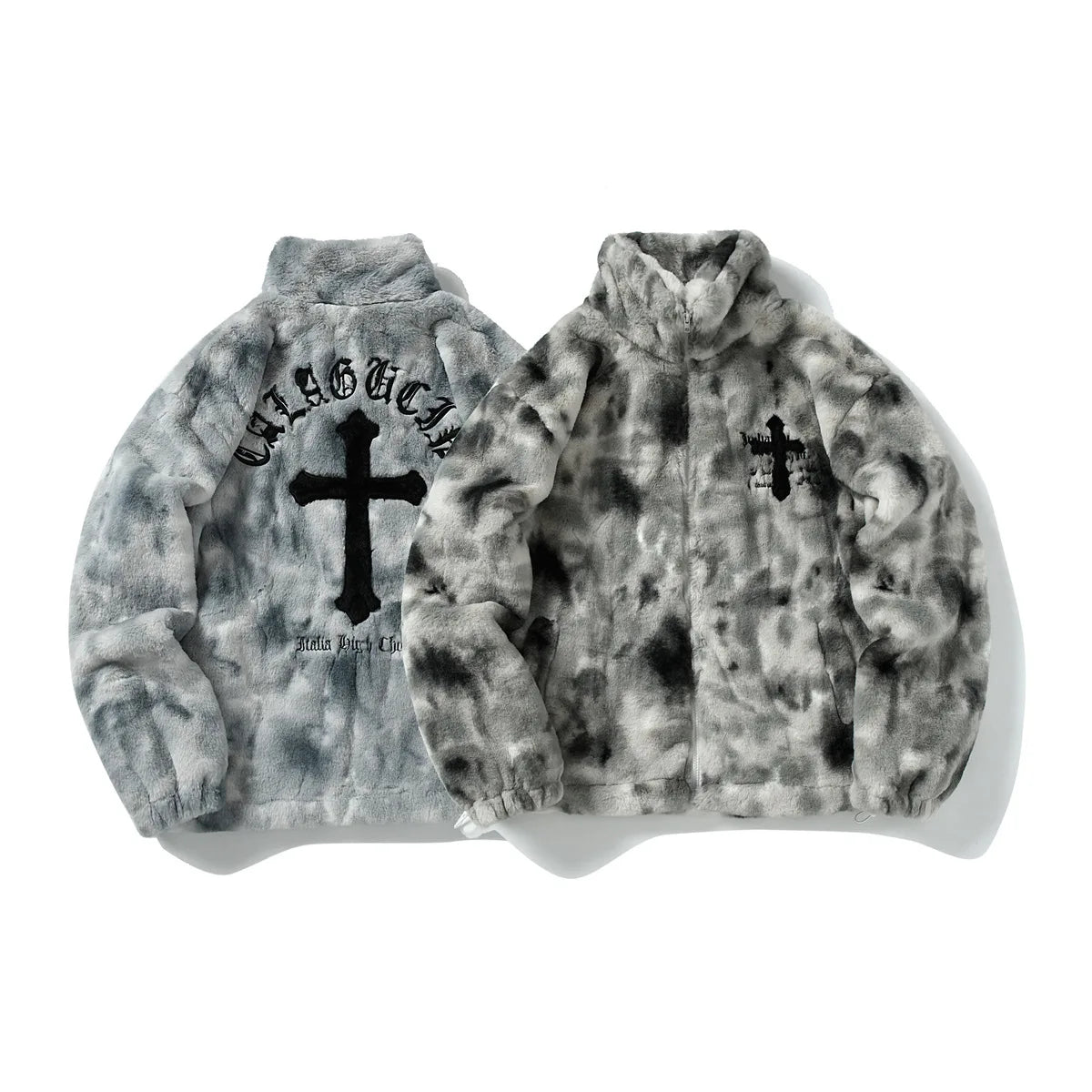 Men Rabbit Fur Jacket Coats Hip Hop Cross Letters Winter Fleece Jacket Streetwear Casual Harajuku Coat Zip Up Fashion Outerwear