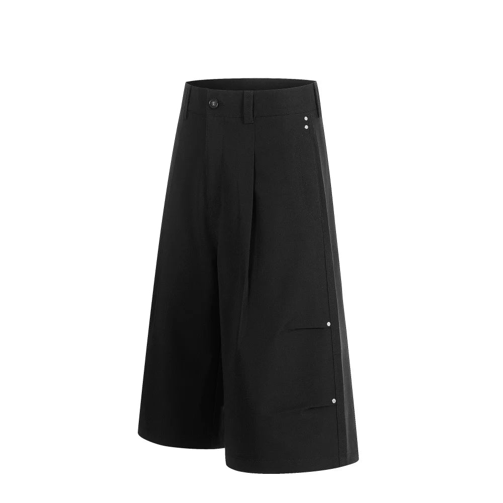 Men’s Retro Pleated Rivet Shorts – Baggy Wide-Leg Solid Color Casual Pants | Streetwear