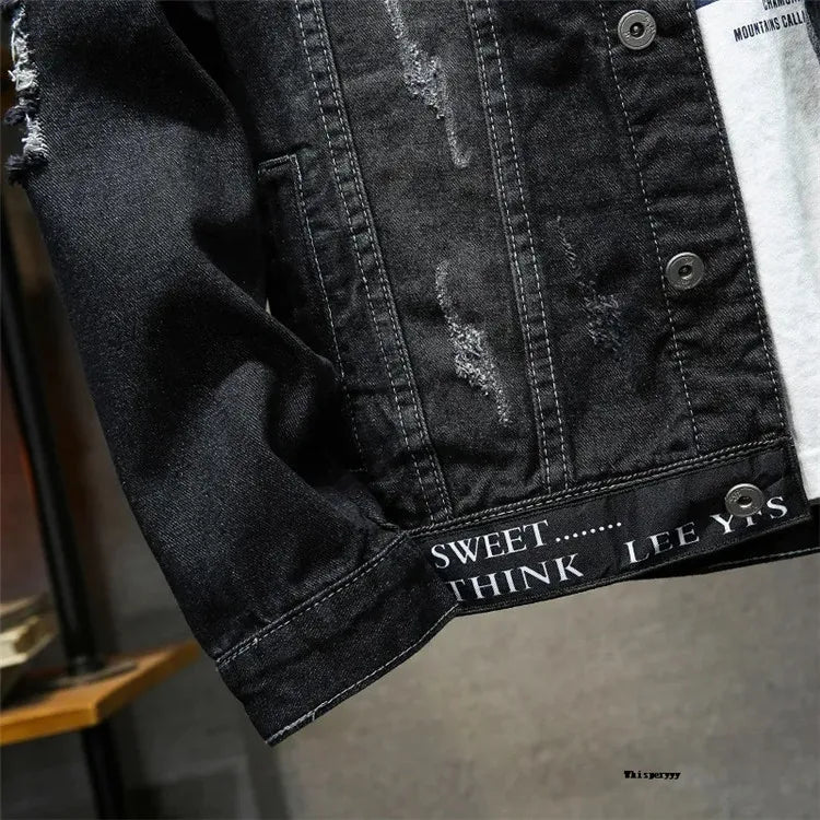 Men Brand Denim Jacket Streetwear Punk Motorcycle Ripped Male Jeans Outwear