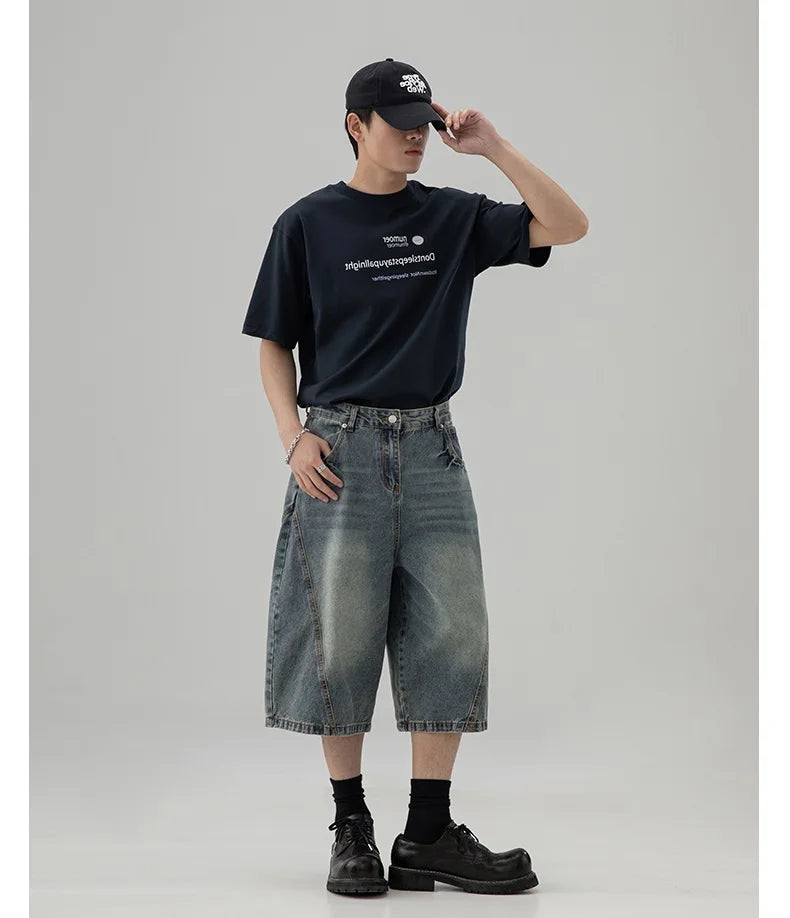 Men’s American Style Lightning Print Denim Shorts – Loose Straight-Leg Summer Jeans, Casual Wide-Leg Streetwear