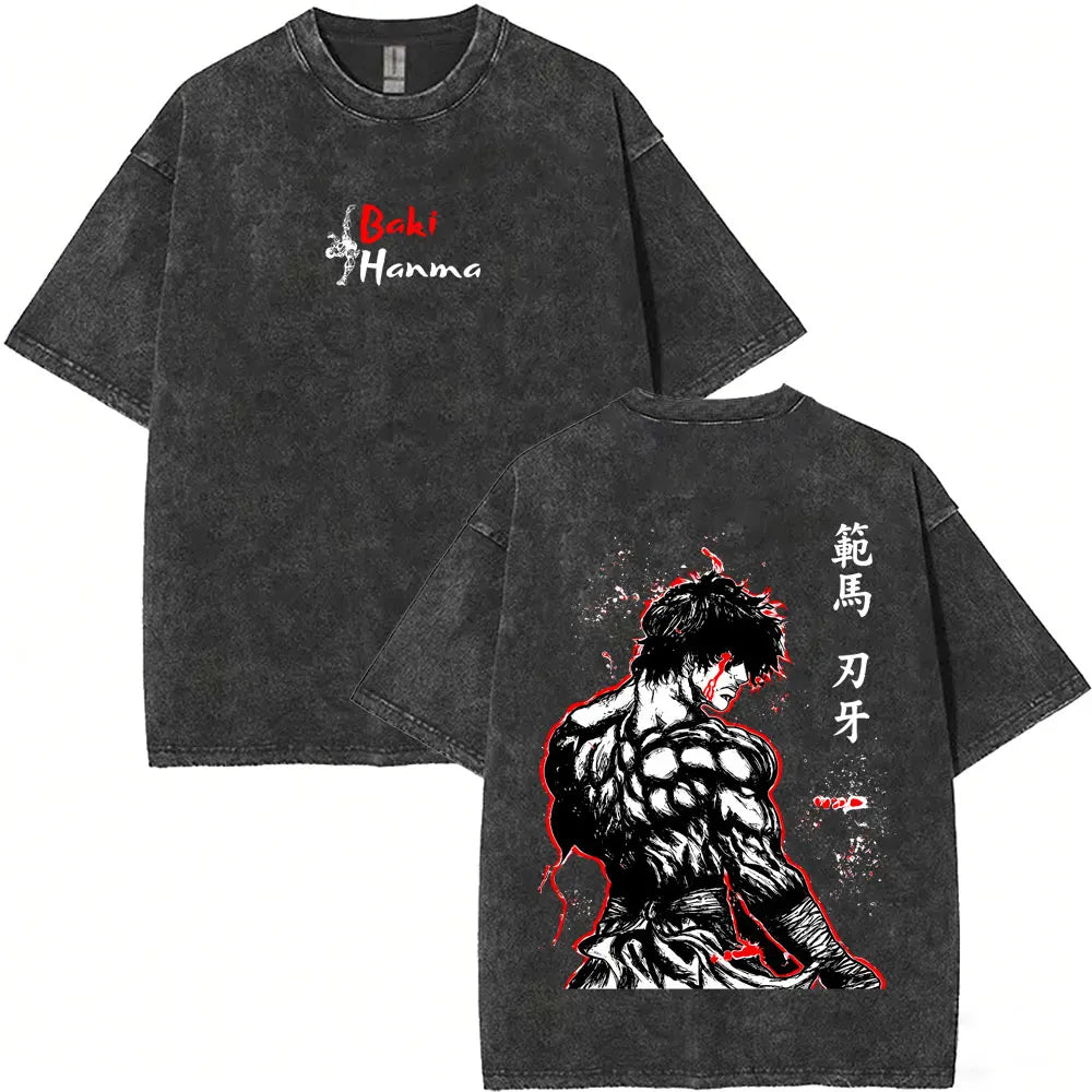 Unisex Baki Hanma Anime T-Shirt – Vintage Washed Oversized Retro Manga Cotton Tee